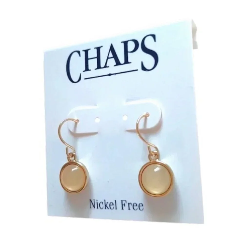 Chaps Dangle Drop Gold Earrings with Ivory Colored Button Stones
